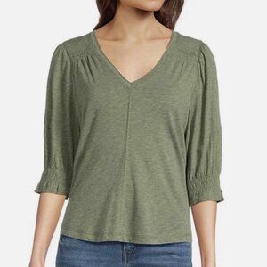 Democracy Solid Relaxed Knit V-Neck Elbow Sleeve Top L New Green
